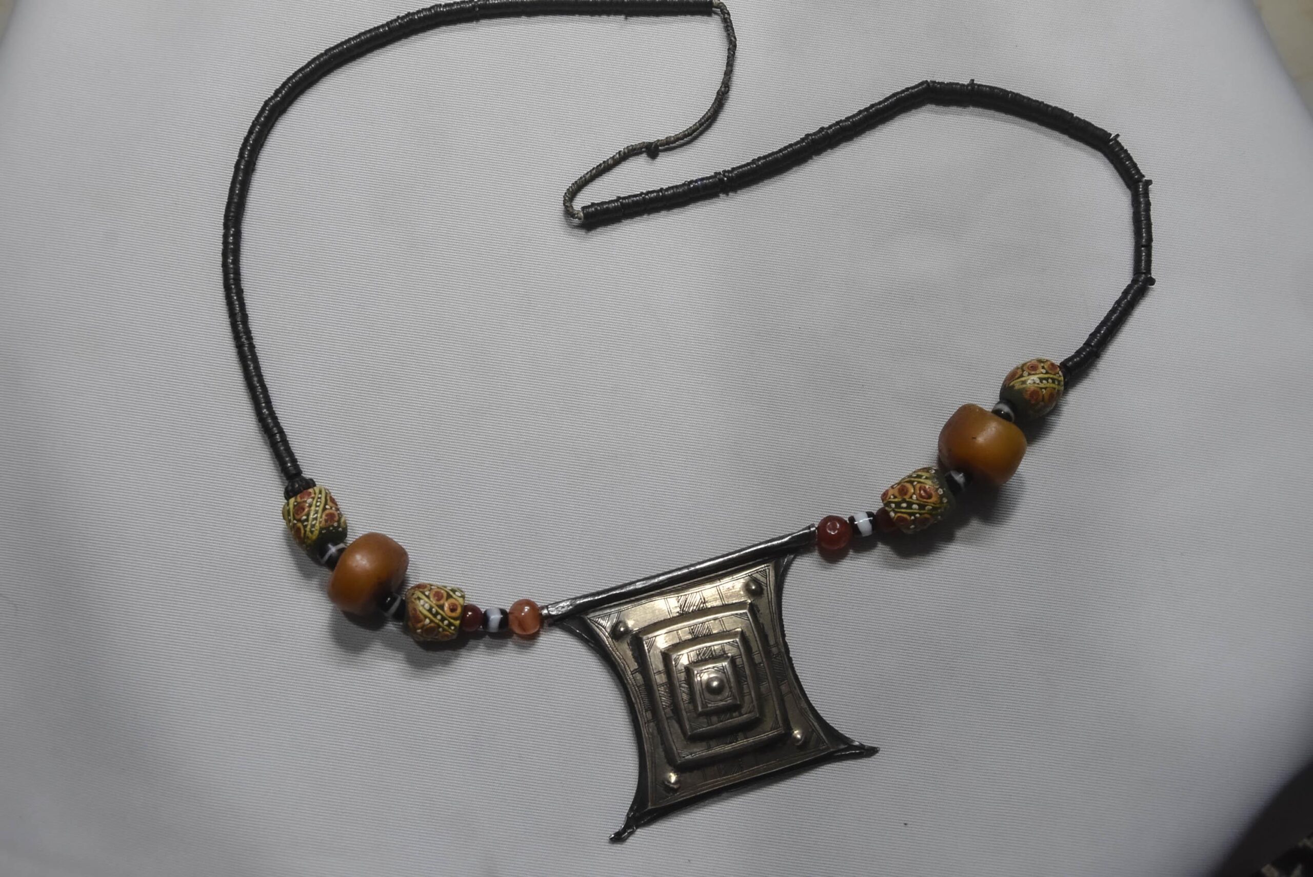Old Tuareg Silver Tcherot Amulet Necklace with Amber and Trade Beads - Image 2