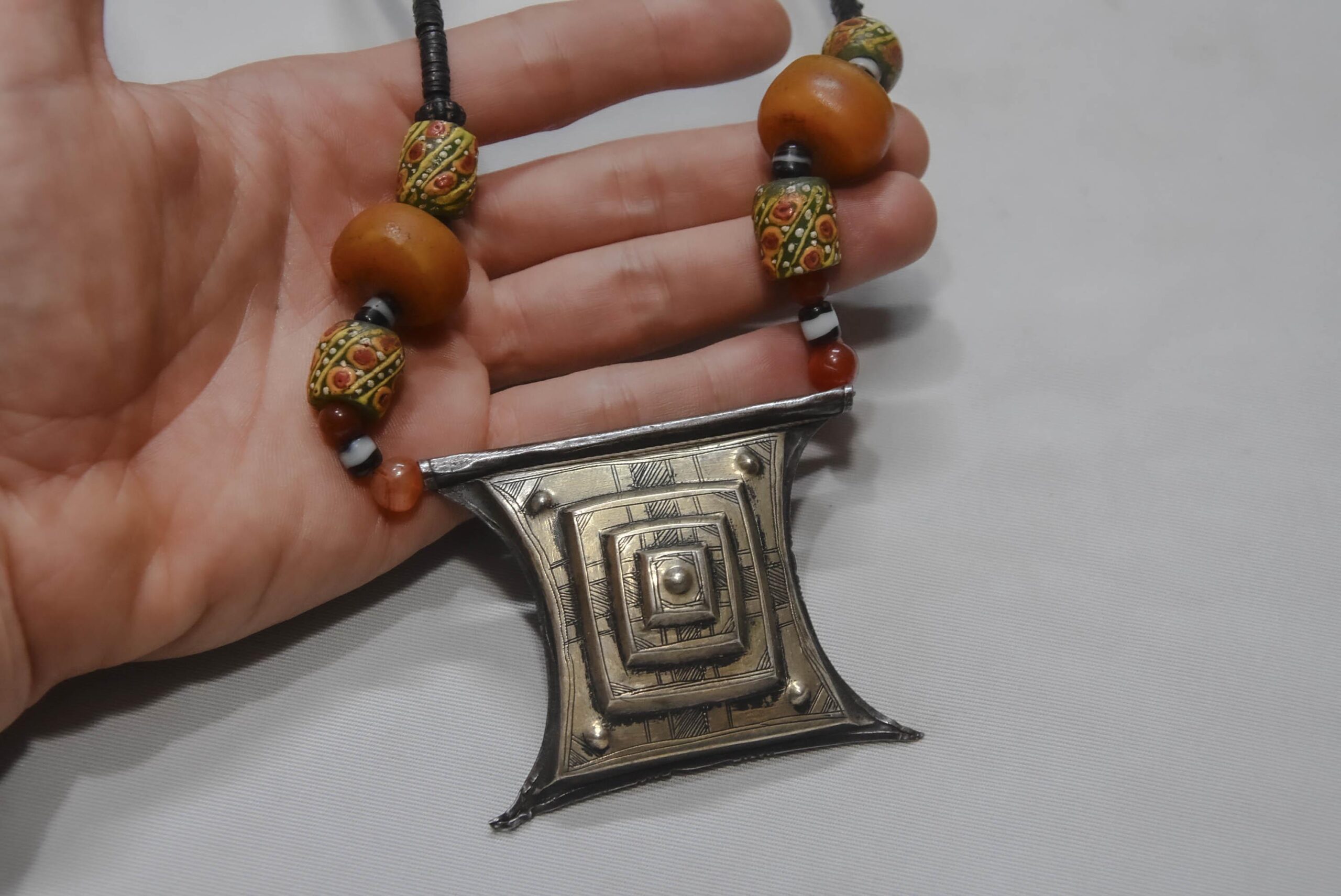 Old Tuareg Silver Tcherot Amulet Necklace with Amber and Trade Beads - Image 9