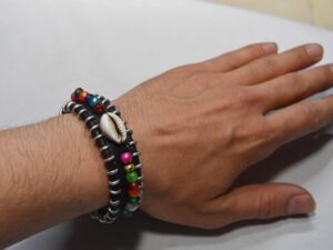 African Bracelr Tribal Cowrie Shell & Multi-Color Beaded Leather Cuff Bracelet