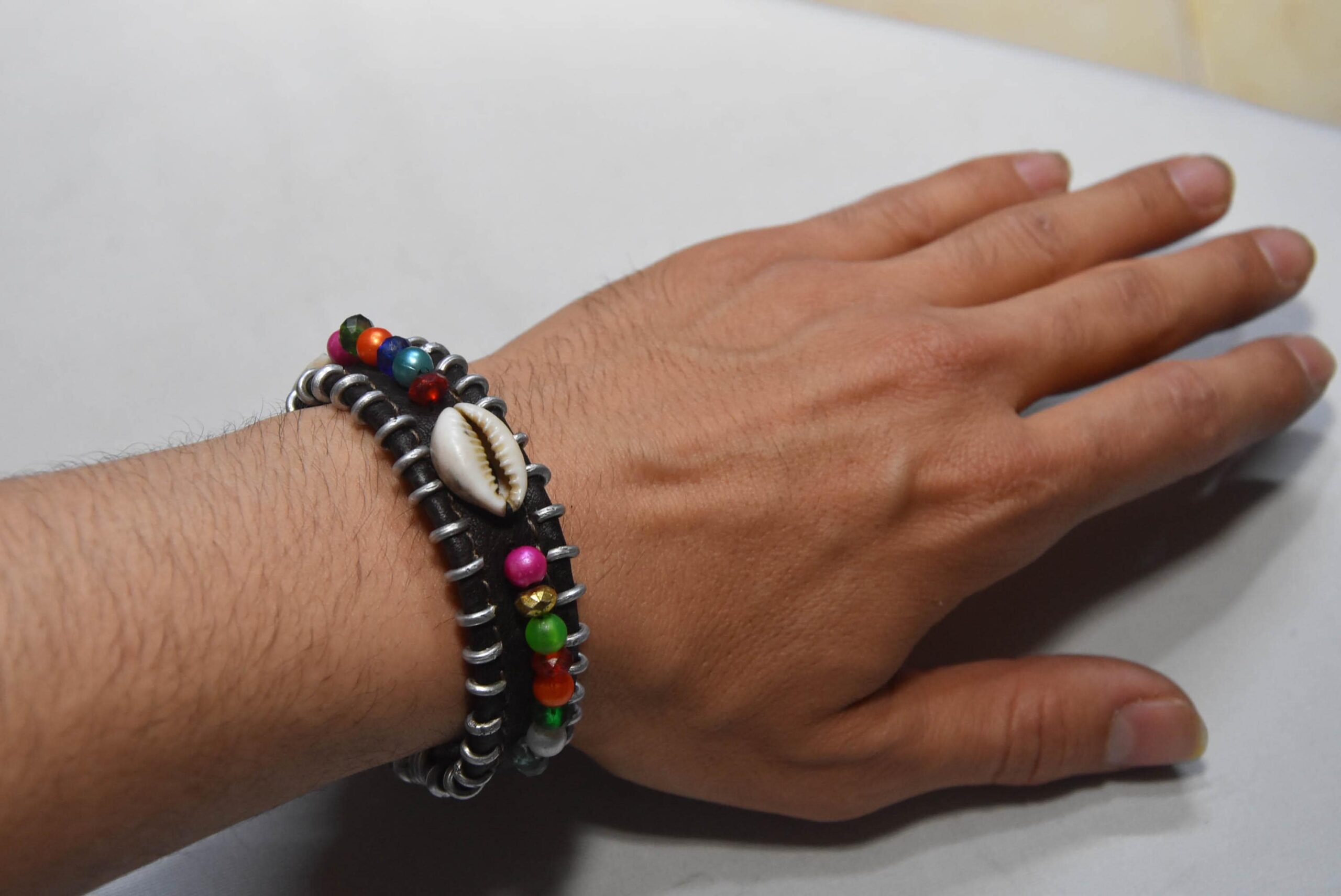 African Bracelr Tribal Cowrie Shell & Multi-Color Beaded Leather Cuff Bracelet