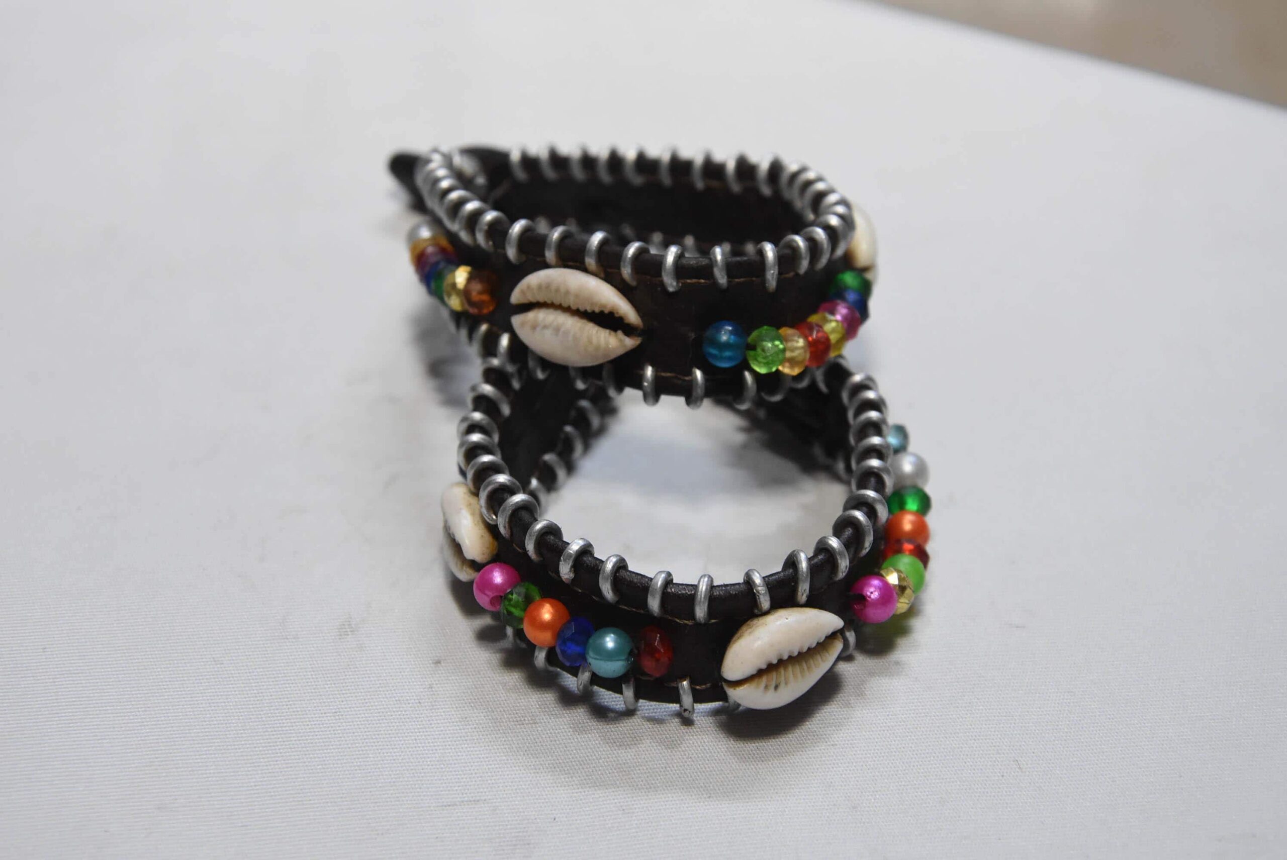 African Bracelr Tribal Cowrie Shell & Multi-Color Beaded Leather Cuff Bracelet - Image 4