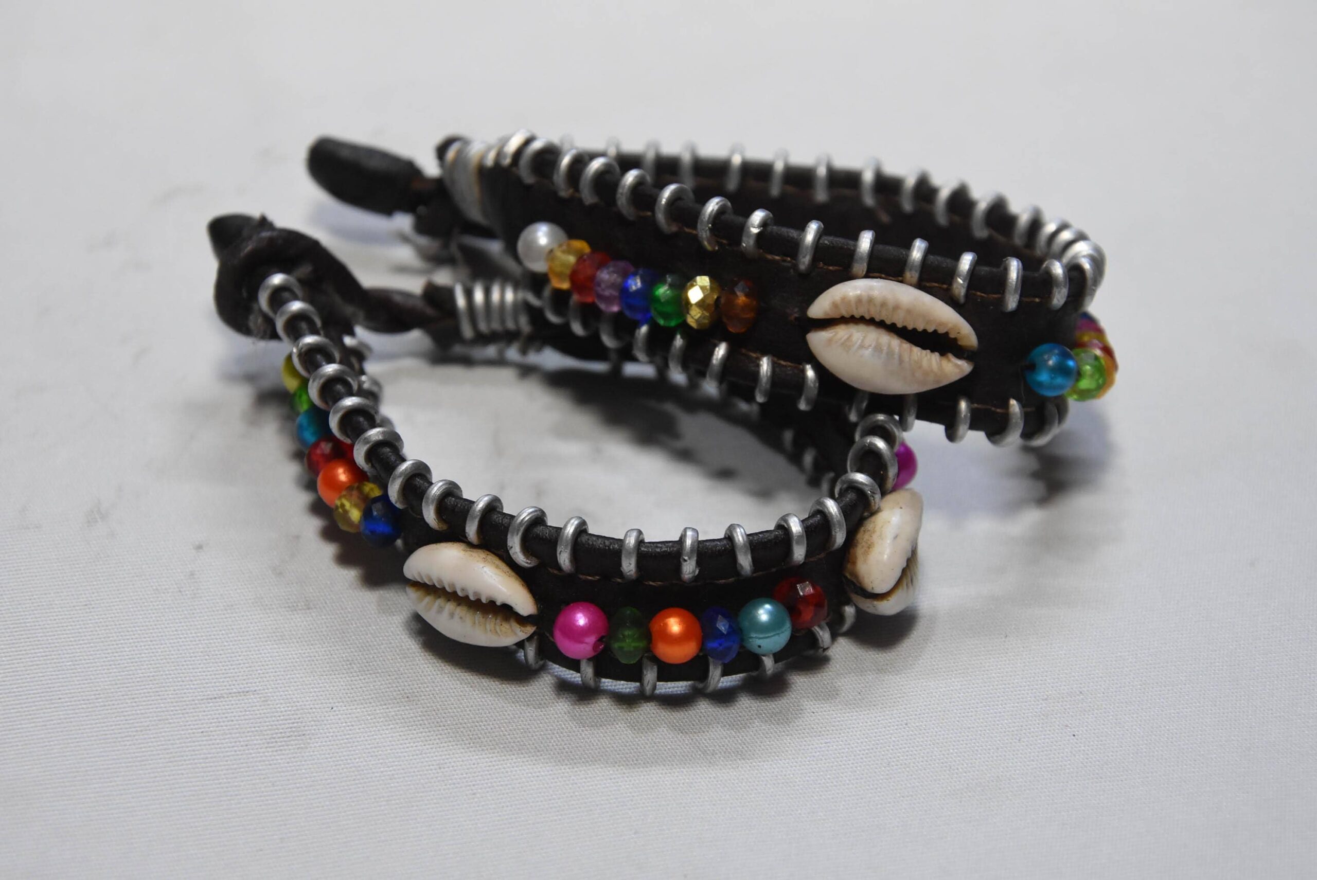 African Bracelr Tribal Cowrie Shell & Multi-Color Beaded Leather Cuff Bracelet - Image 5