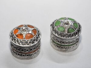 Set of 2 Vintage Box Style Silver Filigree and enameled Trinket Boxes