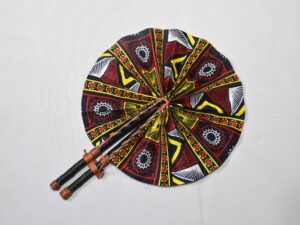 African Ankara Print Folding Hand Fan, Handmade Leather Handle Pocket Fan