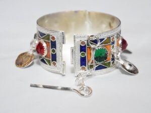 Moroccan Silver Bracelet, Berber Enamel Tribal Bangle Jewelry